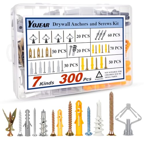 Drywall Anchors and Screws Assortment Kit 300PCS, 7 Types, 150 Heavy Duty Sheetrock Anchors and 150 Philips Self Drilling Screws Hardware Set, Easy for Dry Wall, Shelve, Hanging and Mounting