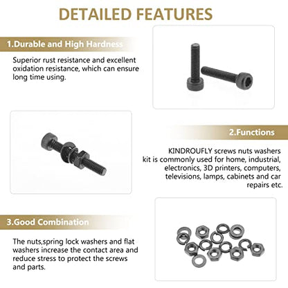 562 Pieces Black M3 x 4/6 /8/10 /12/16 /20mm Hex Socket Head Cap Screws Nuts Washers Assortment Kit, 12.9 Grade Alloy Steel - size: M3, style: Socket Head