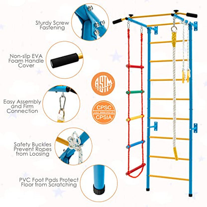 Costzon 5 in 1 Climbing Toys for Toddlers, Indoor Kids Gym for Exercise, Steel Ladder Wall Set with Wall Ladder, Pull-up Bar, Rope, Gymnastic Rings, Solid Wall Set up, Climber Ladder Boys Girls Gift - style: 5-in-1 Climbing Toys