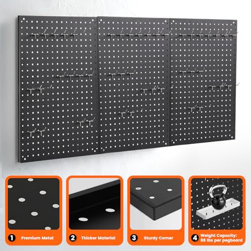 ENJOYWOOD Pegboard, 3 PCS 24"×16" Metal Peg Board Panels Black Modular Wall Organizer Kit with 30 Hooks, Dual-Size Hole Design for Home Tool Storage, Garage Organization, Kitchen, Office, Craft Room - size: 3 PCS