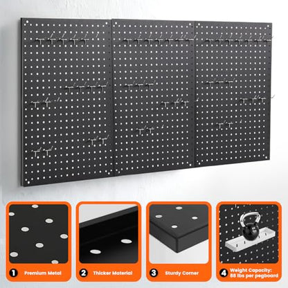 ENJOYWOOD Pegboard, 3 PCS 24"×16" Metal Peg Board Panels Black Modular Wall Organizer Kit with 30 Hooks, Dual-Size Hole Design for Home Tool Storage, Garage Organization, Kitchen, Office, Craft Room - size: 3 PCS
