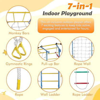 Indoor Playground, Wall Gym, in 1 Monkey Bars Climbing Ladder with Pull Up Bar, Rope Ladder, Rope Wall, Rope, Gymnastic Rings, Indoor Exercise Equipment for Kids and Adults