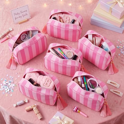 Kacctyen 6 Pack Bright Pink and Candy Pink Striped Makeup Bag bulk with Tassel Travel Cosmetic Pouch Organizer Large Zipper Toiletry Case for Women Aesthetic Storage Pouch Mahjong Tile Bag - color: Bright Pink and Candy Pink