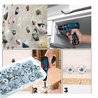 T Nuts 1/4"-20 5/16"-18 3/8"-16, SpzcdZa 75Pcs T Nut Zinc Plated Steel T-Nuts 4 Pronged Tee Blind Nuts Assortment Kit for Wood, Rock Climbing Holds, Cabinetry, Furniture etc.