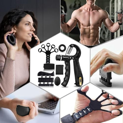 Hand Grip Strengthener Kit 5 Pack Adjustable Finger Forearm Hand Exerciser | Adjustable Grip Trainer, Finger Stretcher & Stress Ball Set for Strength Training & Hand Exercises