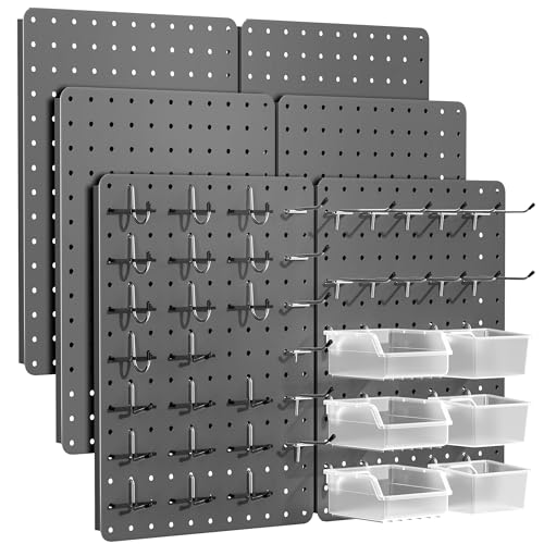 Steel Pegboard Tool Wall Organizer, 6 Pack 14.76 x 10.82 in, 6 Bins, Gray | 6 clear storage bins organize screws and small parts; 36 hooks and 30 peg locks keep garage tools sorted and easy to reach. - color: Gun Gray, size: 14.76"x10.82"- 6 Pcs