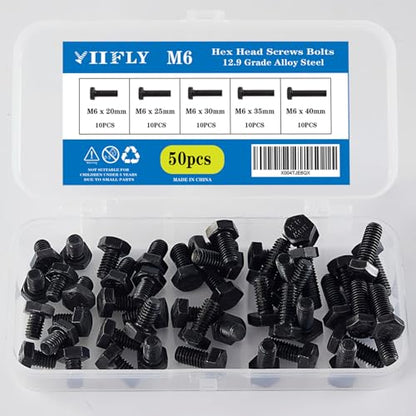 M6-1.0 Hex Head Screw Bolts - 20/25/30/35/40mm Length Kit, 12.9 Grade Alloy Steel, Hexagon Head Bolts, Black Oxide Finish, Full Thread,Quantity 50-Piece Set - size: 12.9-Hex-M6-20-40mm