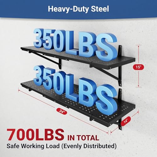 FLEXIMOUNTS 2-Pack 1x3ft Garage Shelving 14-inch-by-34-inch Perforated Wall Shelf, Heavy Duty Garage Storage Rack with 700 lbs Load Capacity, Wall Mounted Organization System for Tools, Heavy Bins - size: 14" x 34"