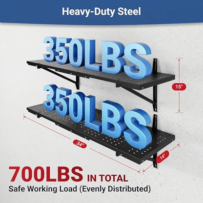 FLEXIMOUNTS 2-Pack 1x3ft Garage Shelving 14-inch-by-34-inch Perforated Wall Shelf, Heavy Duty Garage Storage Rack with 700 lbs Load Capacity, Wall Mounted Organization System for Tools, Heavy Bins - size: 14" x 34"