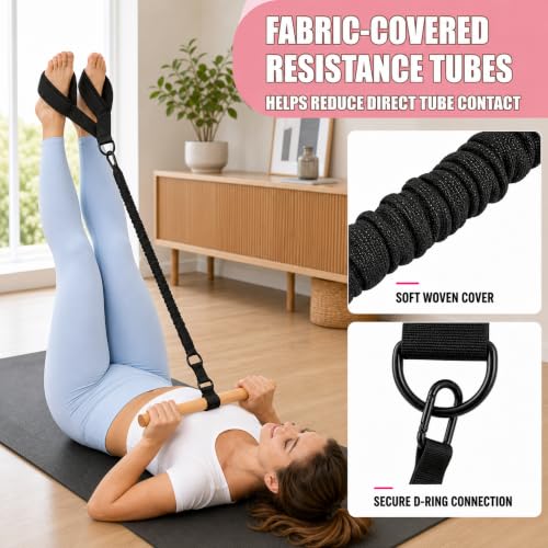 Multifunction Resistance Bands with Handles, Upgraded Dual D-Ring | 3-Tube Adjustable Resistance: 30/60/90 LB | Beech Wood Handle | Wide Foot Pedals | for Abdomen, Waist, Arm, Leg, Pilates - color: Black