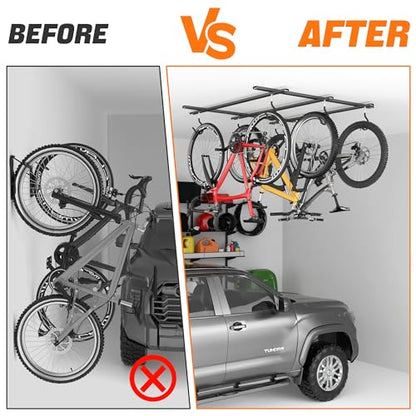 TORACK Ceiling Bike Rack for Garage, Ceiling-Mounted Bicycle Storage Hooks for 3 Bikes (Horizontal) or 6 Bikes (Vertical), Adjustable Overhead Bicycle Hooks for Mountain, Road Bike - style: 3 bikes horizontal