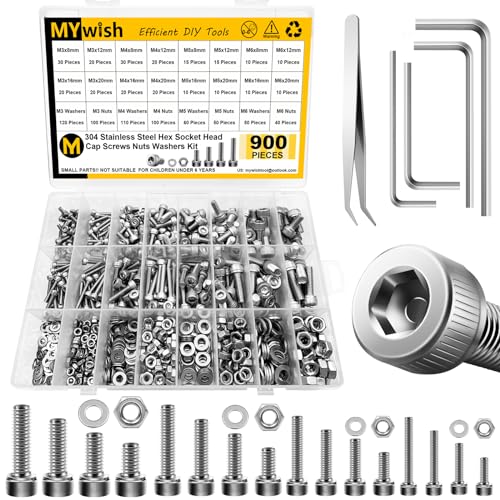 Mywish 900Pcs M3 M4 M5 M6 Metric Screw Assortment, 304 Stainless Steel Nuts and Bolts, Hex Socket Head Cap Metric Bolts/Nuts/Flat Washers Kit Anti Rust 16 Sizes 8mm to 20mm, Hex Wrenches - color: SIiver, size: 900Pcs M3 M4 M5 M6
