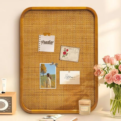 20" x 30" Bulletin Board, Round-Edged Rectangle Rattan Corkboard, Wooden Frame Boho Style Wall Organizer,5075Teng - size: 20*30 inch