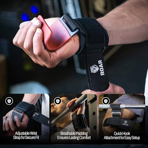Roar® Heavy Duty Weight Lifting Hooks with Padded Wrist Straps – Premium Grip Support for Deadlifts, Pull Ups & Shrugs – Non-Slip Metal Hooks for Powerlifting, Bodybuilding & Strength Training (Pair)