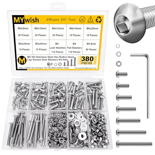 Mywish 380 Pcs M4 Screw Nuts and Bolts Assortment Kit, 304 Stainless Steel Button Head Socket Cap Metric Screws Bolts, Spring & Flat Lock Washers/Nuts/Hex Wrenches, M4*8/10/12/16/20/25/30 - color: SIiver, size: 380Pcs M4