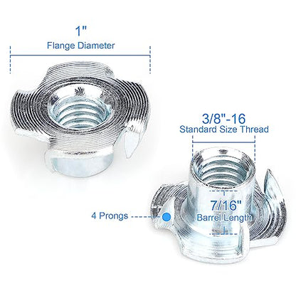 3/8"-16 T-Nuts (20 Pack), Zinc-Plated Steel Corrosion Resistant T Nut, 7/16" Barrel Length, 4-Pronged Tee Nut for Wood, Rock Climbing Holds, Cabinetry - size: 3/8"-16 20pcs