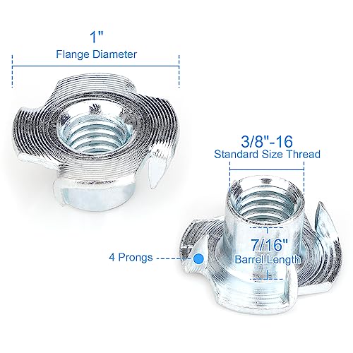 20pcs 3/8"-16 T-Nuts, Zinc-Plated Steel 7/16" Barrel Length | Corrosion Resistant, 4-Pronged Tee Nut for Wood, Rock Climbing Holds, Cabinetry - size: 3/8"-16 20pcs