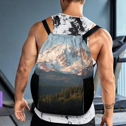 Small Gym Bag Mount Rainier Printed Drawstring Gym Bag for Men Lightweight Waterproof Drawstring Backpack for Women with Shoe Compartment for Travel Tourism Work And Fitness