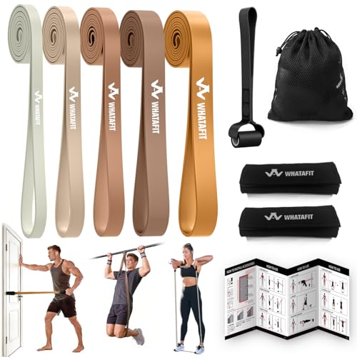 WHATAFIT Resistance Bands, Pull Up Assist Bands with Handles, Door Anchor | Natural Latex Rubber, Progressive Tension, Exercise Loop for Full-Body Fitness, Portable Gym Bag, Warm-Up & Stretch - color: 5-125LBS COFFEE+GRIP