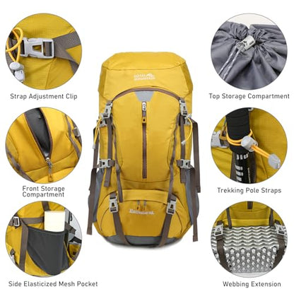 50L Hiking Camping Backpack for Men Women Lightweight Backpacking Back Pack | Waterproof Travel Outdoor Sport Climbing Daypack with Rain Cover - color: Yellow