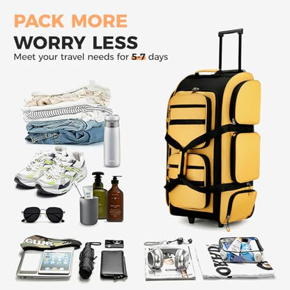 Searock 90L Rolling Duffle Bag with Wheels and Handle, 31” Large Duffle Bag for Travel, Carry On Luggage Duffel Bag with Shoe Compartment, Multi-Pocket, Water Resistant, Yellow - color: Yellow