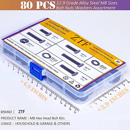 80Pcs m8 x 1.25 Bolt Metric Nuts and Bolts Assortment 30mm, 40mm, 50mm, 60mm, 70mm, 20 Sets Black Full Thread Hex Head Bolts and Nuts Kit M8, 12.9 Grade Alloy Steel with Flat and Lock Washers - style: black-M8 Hex Bolts