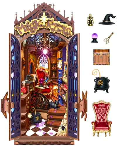 Rolife Book Nook Kit Wizard House Snap-Fit 3D Wooden Puzzles for Adults | 10" diy miniature house kit collectible halloween diorama building kit booknook bookshelf decor craft gift for men women - color: Magic Wizard