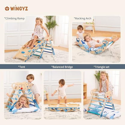 WINGYZ Pikler Triangle Set, Montessori 8-in-1 Foldable Climbing Set | Reversible Animal Slide, Patent-Protected Jungle Gym, Safe 2.35in Gap, ASTM F963 Standards for Toddlers 18M-5Y, Blue - color: Blue