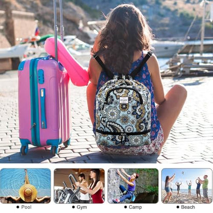Dry Wet Drawstring Backpack with Shoe Compartment for Women Adjustable Gym Bag - color: Geometric Flower