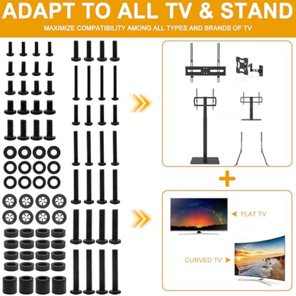Universal TV Mounting Screws Hardware Kit with Box, Includes M4 M5 M6 M8 Screws, Washers, and Spacers, Compatible with Any TV Wall Mount/Display Up to 80 Inches (Black)