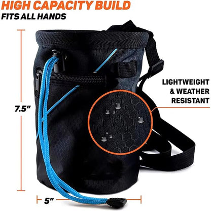 Chalk Bag for Rock Climbing with Quick-Clip Belt, Large Zippered Pockets & Brush Holder - Weight Lifting, Gym, Bouldering, Disc Golf, Wall Climbing Gear Accessories
