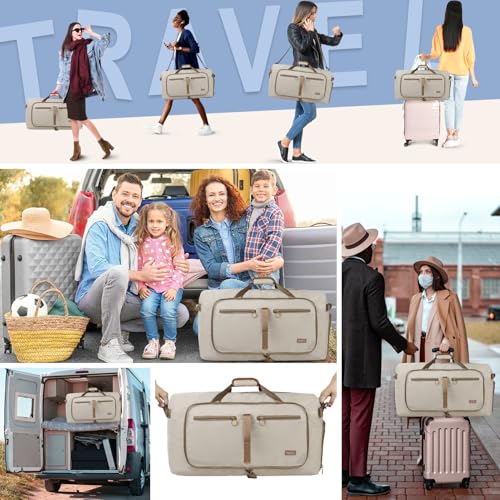 Fmeida 65L Duffle Bag with Shoes Compartment, Foldable Travel Duffel Bags for Men Women, Large Packable Travel Bag Water Repellent & Tear Resistant (Beige) - color: Glossy Beige