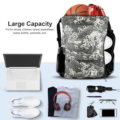 Drawstring Backpack with Mesh Pockets String Gym Bag Sackpack Sandproof Water Resistant Beach Backpack for Men Women - color: Black Waves
