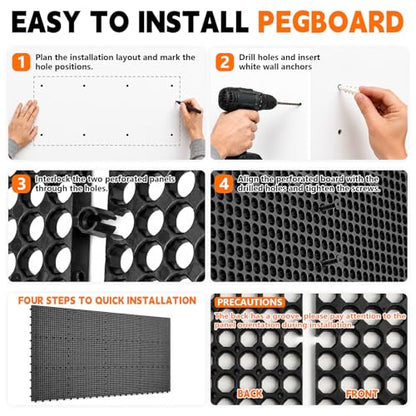 Plastic Pegboard Wall Organizer Kit, 6 Black Panels 36" x 16", 200 Accessories with Hooks, Clips & Holders, Modular Tool Storage Board for Garage, Workbench, Craft Room, Home Repair