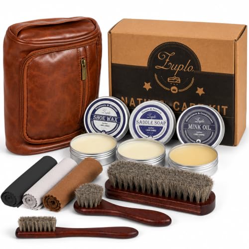 Leather Care Kit, 3.53 oz Saddle Soap, Mink Oil & Neutral Shoe Wax, Shoe Shine Kit with 3 Brushes, 3 Cloths & Bag