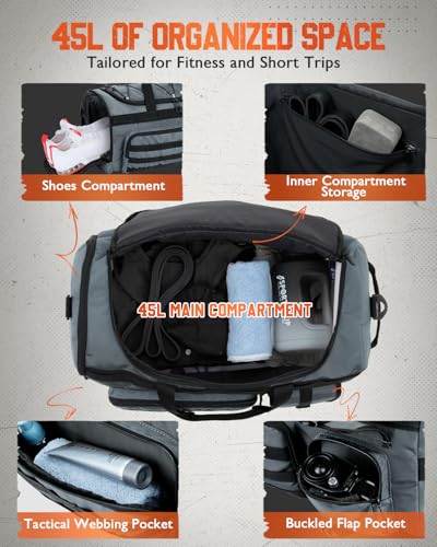 Gonex 45L Tactical Duffel Bag, 3-in-1 Gym & Travel Bag | Shoe compartment, Tactical gear loops, Water-repellent lining, 5 zip pockets, Weekend travel - color: Grey, size: 45L