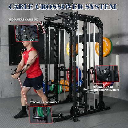 Smith Machine, 2600LBS Squat Rack, 7-in-1 Home Gym Cage with Adjustable Safety Bars, Pull-Up & LAT Pulldown - color: Black, size: P107 Smith Machine with Pulleys