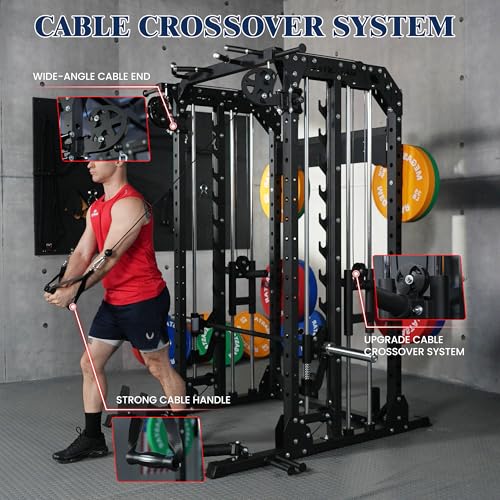 Smith Machine, 2600LBS Squat Rack, 7-in-1 Home Gym Cage with Adjustable Safety Bars, Pull-Up & LAT Pulldown - color: Black, size: P107 Smith Machine with Bench
