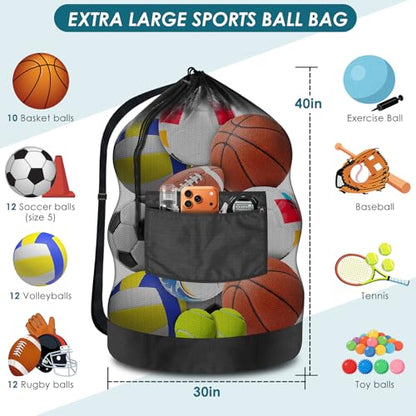 BROTOU Extra Large Soccer Ball Net Bag, 40" x 30" Drawstring Mesh Ball Bag with Zipper Pocket, Sports Equipment Bag for Gym, Cloth, Beach, Swimming Gears - color: Black-2pcs-Durable Upgrade