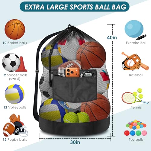 BROTOU Extra Large Soccer Ball Net Bag, 40" x 30" Drawstring Mesh Ball Bag with Zipper Pocket, Sports Equipment Bag for Gym, Cloth, Beach, Swimming Gears - color: Black-3pcs-Durable Upgrade