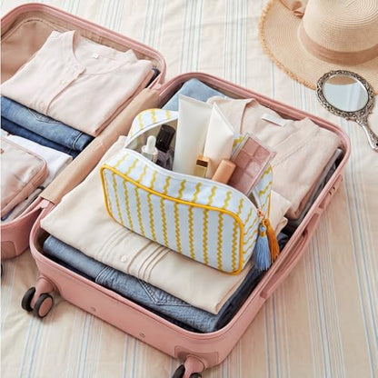 Kacctyen 6 Pack Mustard Yellow and Sage Green Striped Makeup Bag bulk with Tassel Travel Cosmetic Pouch Organizer Large Zipper Toiletry Case for Women Aesthetic Storage Pouch Mahjong Tile Bag - color: Mustard Yellow and Sage Green