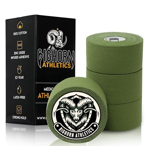 Bighorn Athletics Sports Tape 1.5-Inch x 45-Feet, 4 Rolls, Military Green | Warrior Edition athletic tape for wrist, ankle & foot support. Residue-free Zinc Oxide adhesive, EZ-tear breathable cotton. - color: Military Green, size: 1.5-Inch