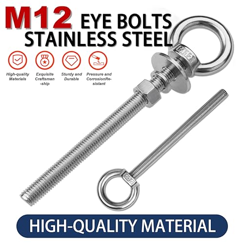 4 Pack M12 Stainless Steel Eye Bolts with Nuts, 1/2" x 6" Eye Bolts | 304 Stainless Steel Eye Bolt,Eye Bolts Heavy Duty for Hang Tie Down Outdoor,1/2 eye bolts with nuts,m12 eye bolts - size: M12x153mm (1/2"x6")