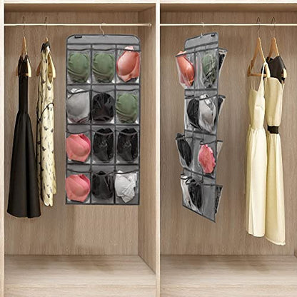 Dual Sided Hanging Shoe Organizer for Closet with Rotating Hanger Hanging Shoe Rack Holder with 24 Large Pockets (GREY-Clear Pockets) - color: GREY