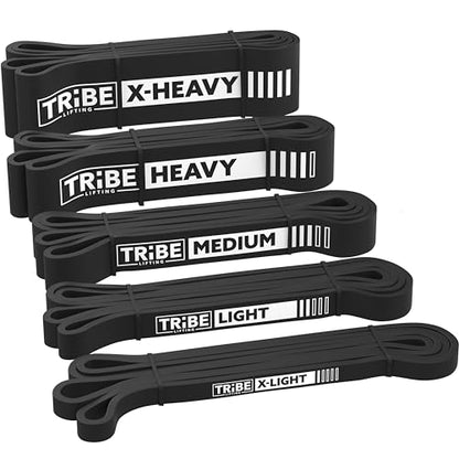 Long Resistance Bands Set, 5 Pull Up Assistance Bands for Working Out | 5 resistance levels, natural latex construction, exercise bands for strength training, stretching and physical therapy - color: Black