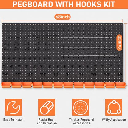 INCLY 48x24 Inch Metal Peg Board Kit 1/4" Pegboard Hooks Accessories | 4PCS Peg Board Panels, 156PCS Pegboard Accessories, Black Pegboard Wall Organizer, Tool Storage System for Garage Workbench - size: 48x24 Inch
