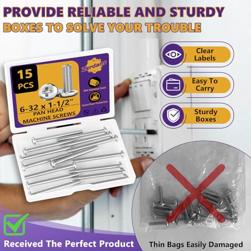 15Pcs 6-32x1-1/2 Pan Head Machine Screws Kit 304 SS for Outlet | Phillips Full Thread For Electrical Outlet Switch plate, Cabinet & Drawer, Anti-Rust & Anti-Corrosion, Organizer Box Included - size: 6-32 x 1-1/2