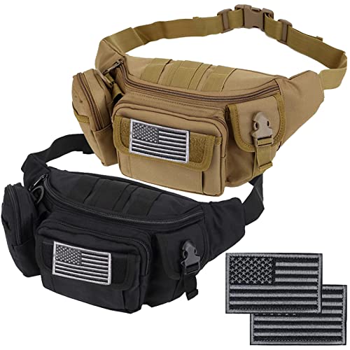 Tactical Fanny Packs, Military Waist Bag Utility Hip Belt Bags for Hiking Climbing Fishing Cycling Hunting with U.S Patch (Tan+Black) - color: 2 Pack Tan+Black