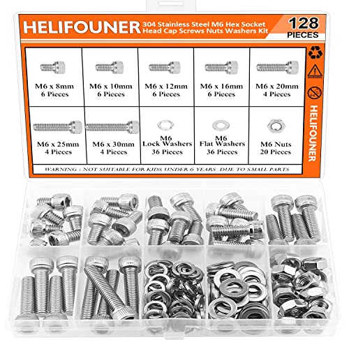 HELIFOUNER 128 Pieces M6 x 8mm /10mm /12mm /16mm /20mm /25mm /30mm, Hex Socket Head Cap Screws Bolts Washers Nuts Kit, 304 Stainless Steel - size: M6, style: Hex Socket Head Cap