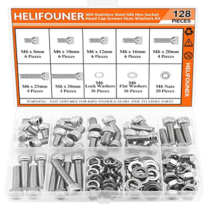 HELIFOUNER 128 Pieces M6 x 8mm /10mm /12mm /16mm /20mm /25mm /30mm, Hex Socket Head Cap Screws Bolts Washers Nuts Kit, 304 Stainless Steel - size: M6, style: Hex Socket Head Cap